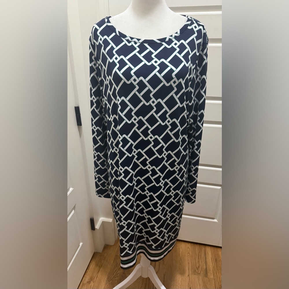 MICHAEL. Michael Kors. Chain Geometric Navy/Green/White Shift Dress. XL.